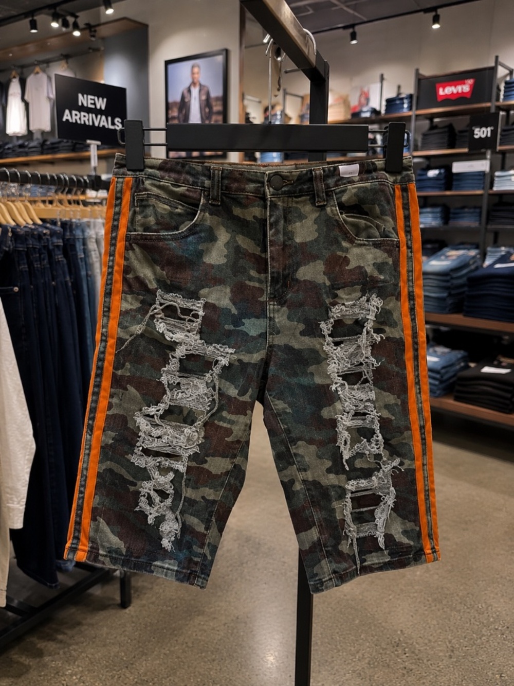Camo Distressed Denim Shorts Orange Side Stripe Streetwear Y2K